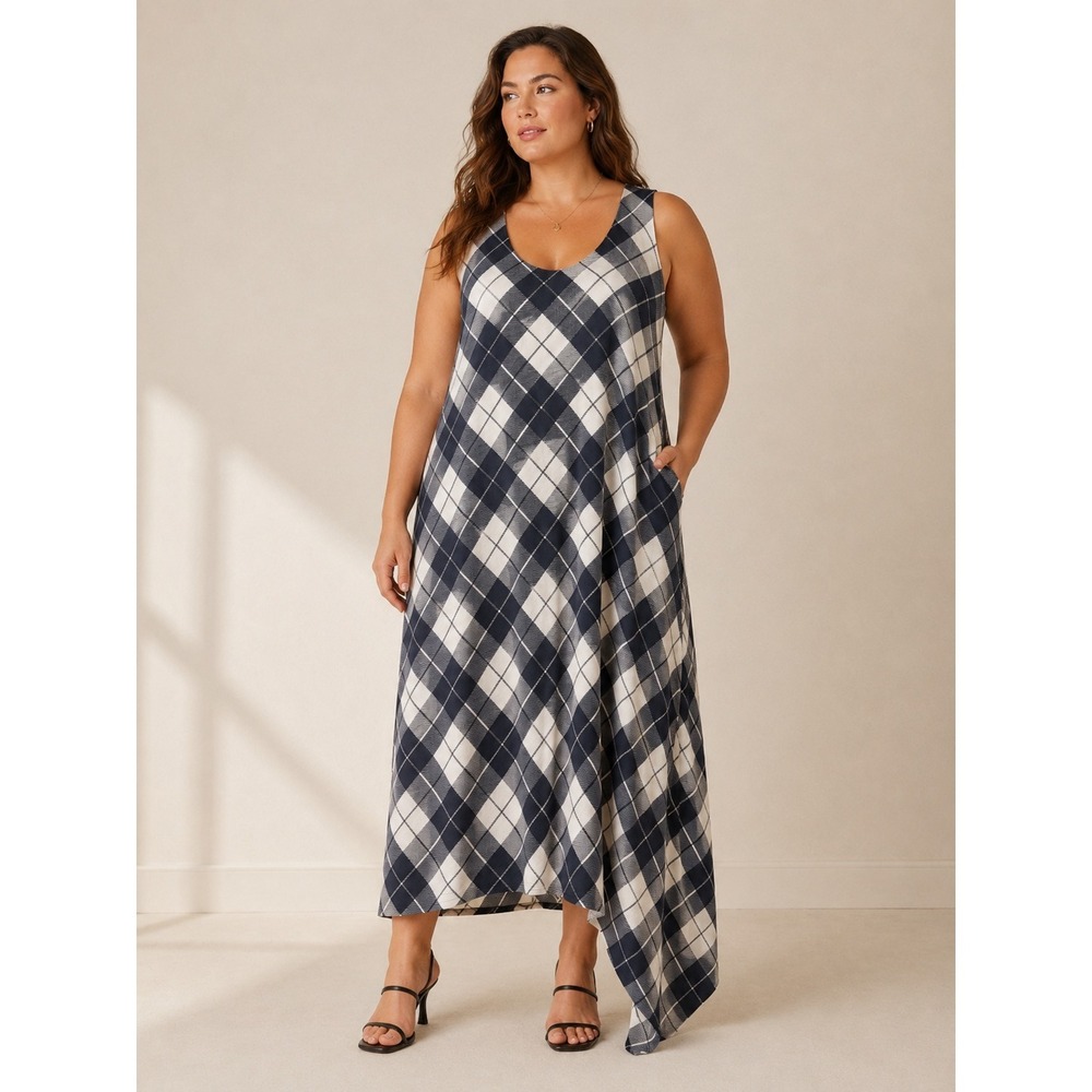 Nordstrom Collection Maxi Dress Womens 12 Black White Silk‎ Plaid Cross Preppy